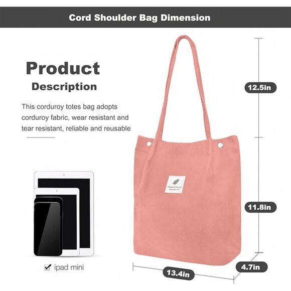 Women Hot Pink Imported Corduroy Small Canvas Shoulder Handy Tote Bag - Picture 3 of 4